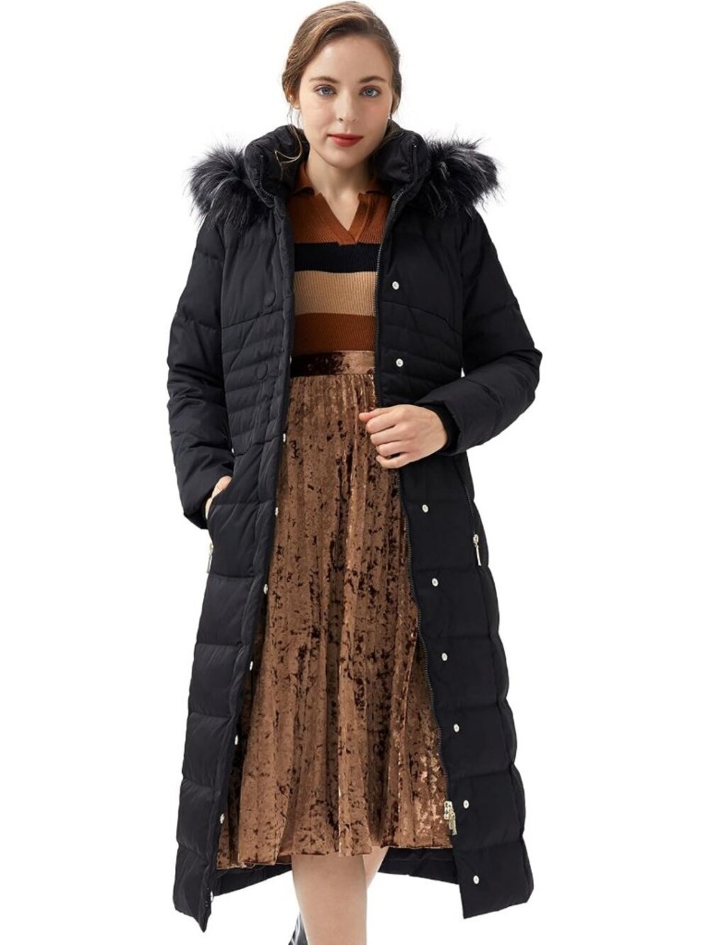 Cozy Women's Brown Long Puffer Coat with Hood & Fur Trim - Warm Down Jacket